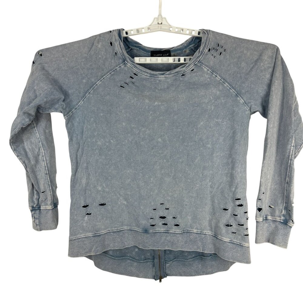 Mustard Seed Distressed L Crewneck Sweatshirt Back Zip Feature Blue Long Sleeve